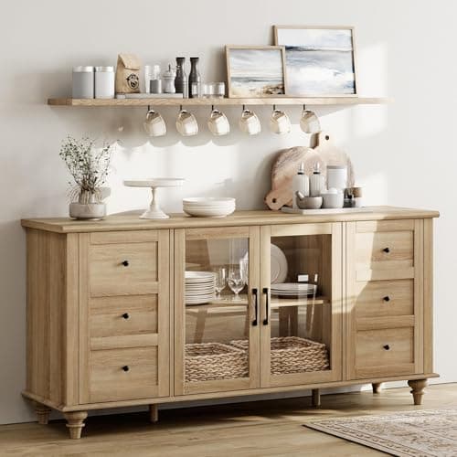WAMPAT 58-Inch Farmhouse Buffet Cabinet with Glass Doors (Oak), an Amazon alternative
