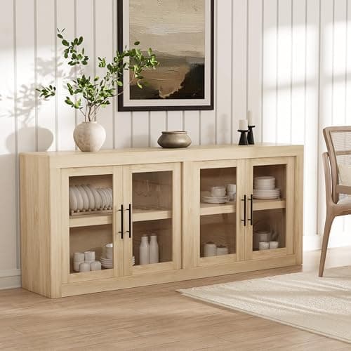 Garvee 65-Inch Sideboard Buffet with 4 Glass Doors (Natural)