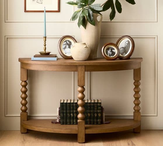 Chris Loves Julia Stacked Ball Demilune Console (50") styled in a living room