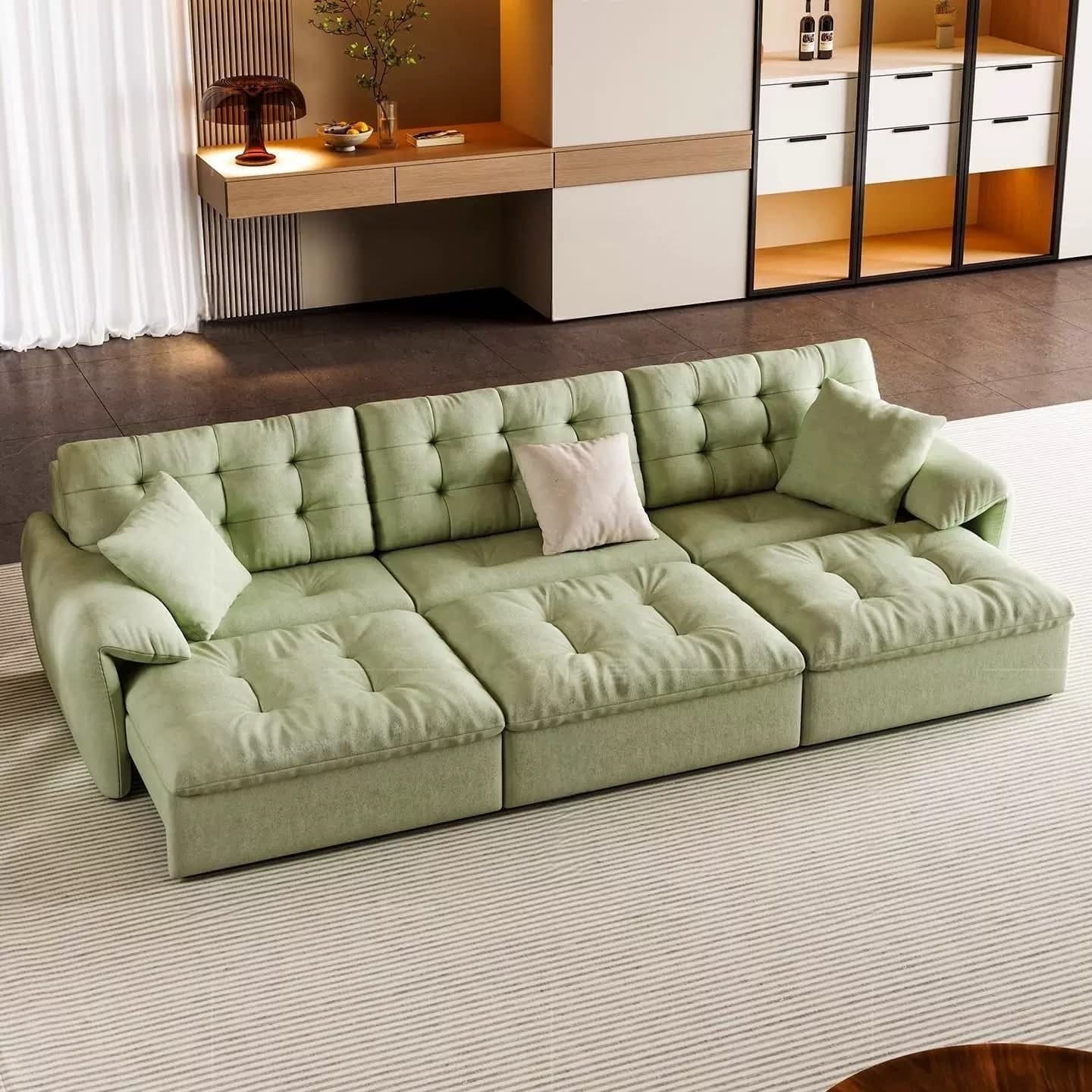 Marivelle Home Tiffany extendable sofa in Sage Moss chenille with tufted back cushions and one seat extended