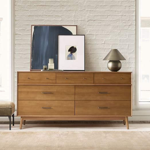 West Elm Mid-Century 7-Drawer Dresser (72") styled in a bedroom