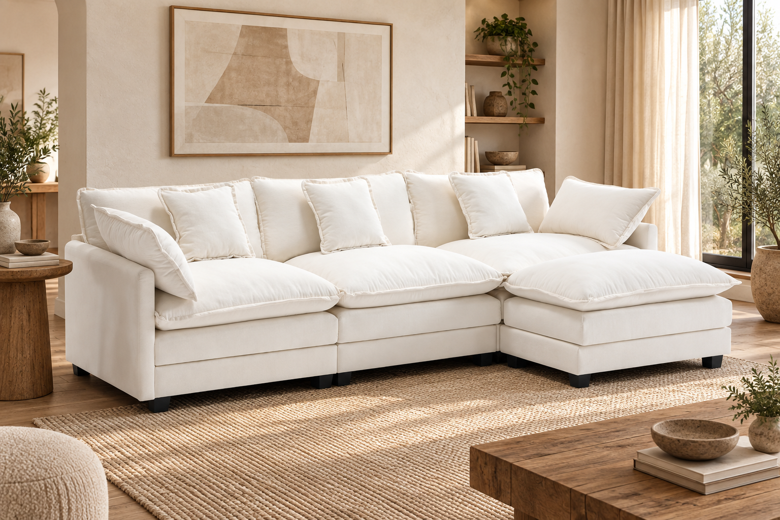 Ihanherry 111.4-Inch Modular Sofa with Ottoman, Beige