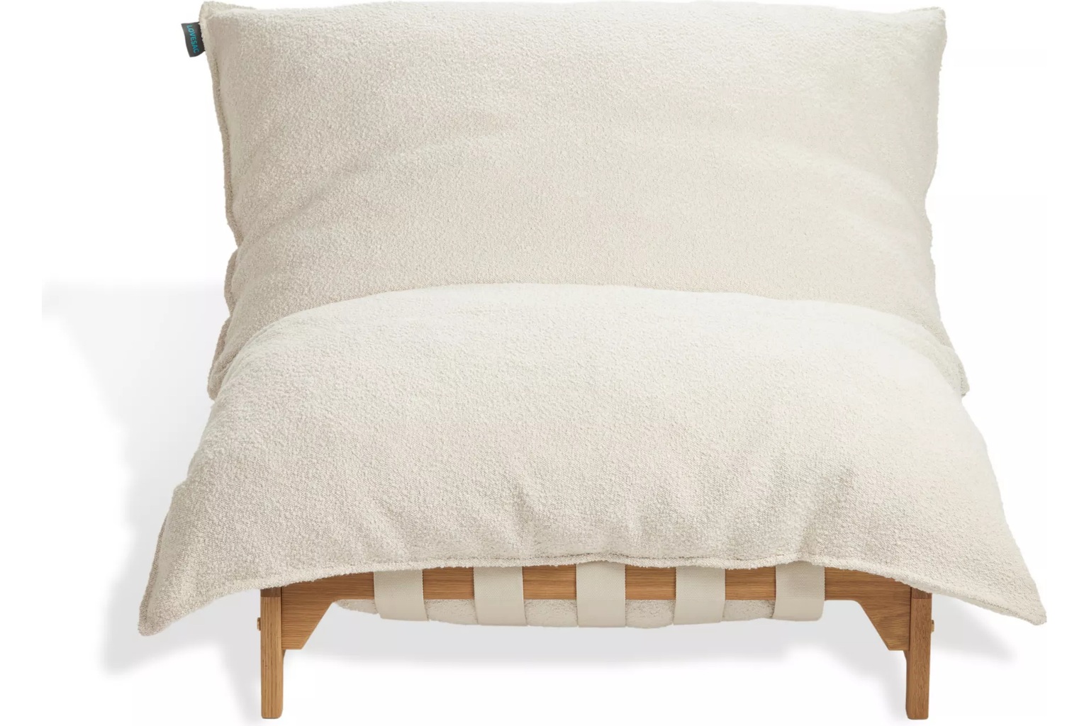Lovesac PillowSac Accent Chair, Cloud Bouclé, Blonde Frame, Tan Webbing, Brass Hardware