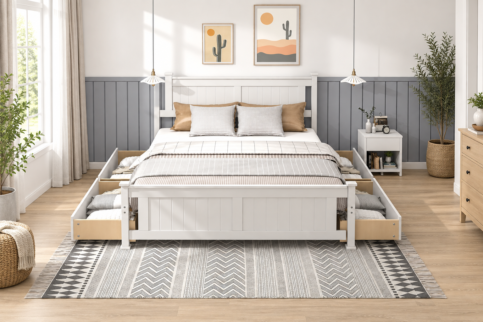 VINGLI Queen Storage Bed with 4 Drawers, White