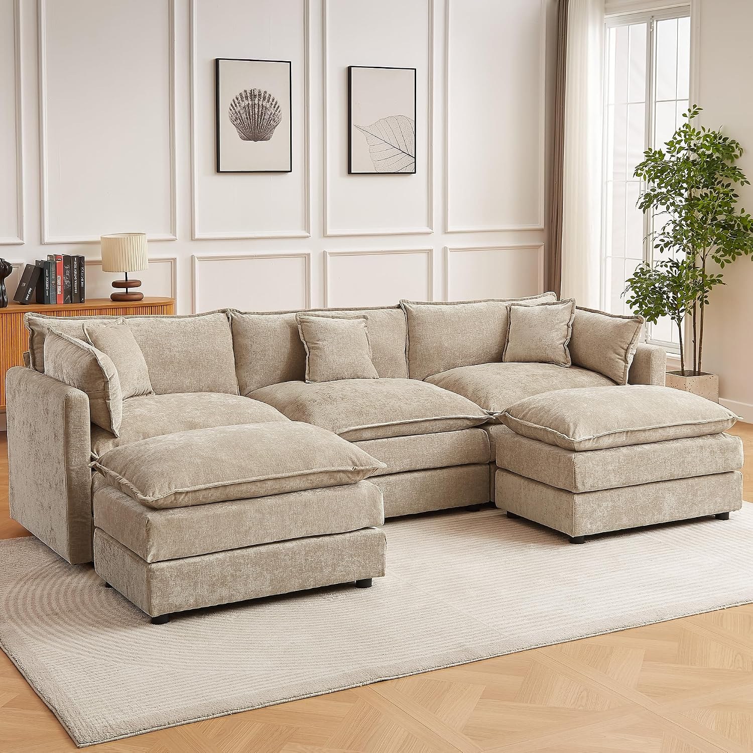 HIPIHOM 112" U-Shaped Modular Cloud Couch with Ottomans, Coffee