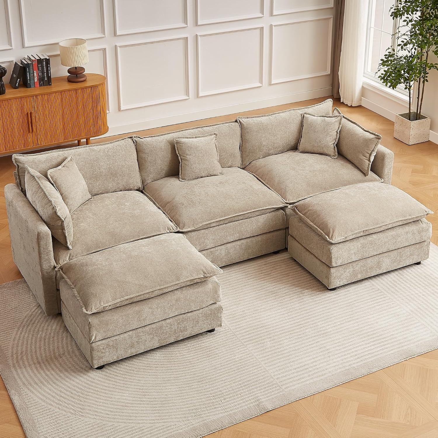 HIPIHOM 112" U-Shaped Modular Cloud Couch with Ottomans, Coffee - Image 2