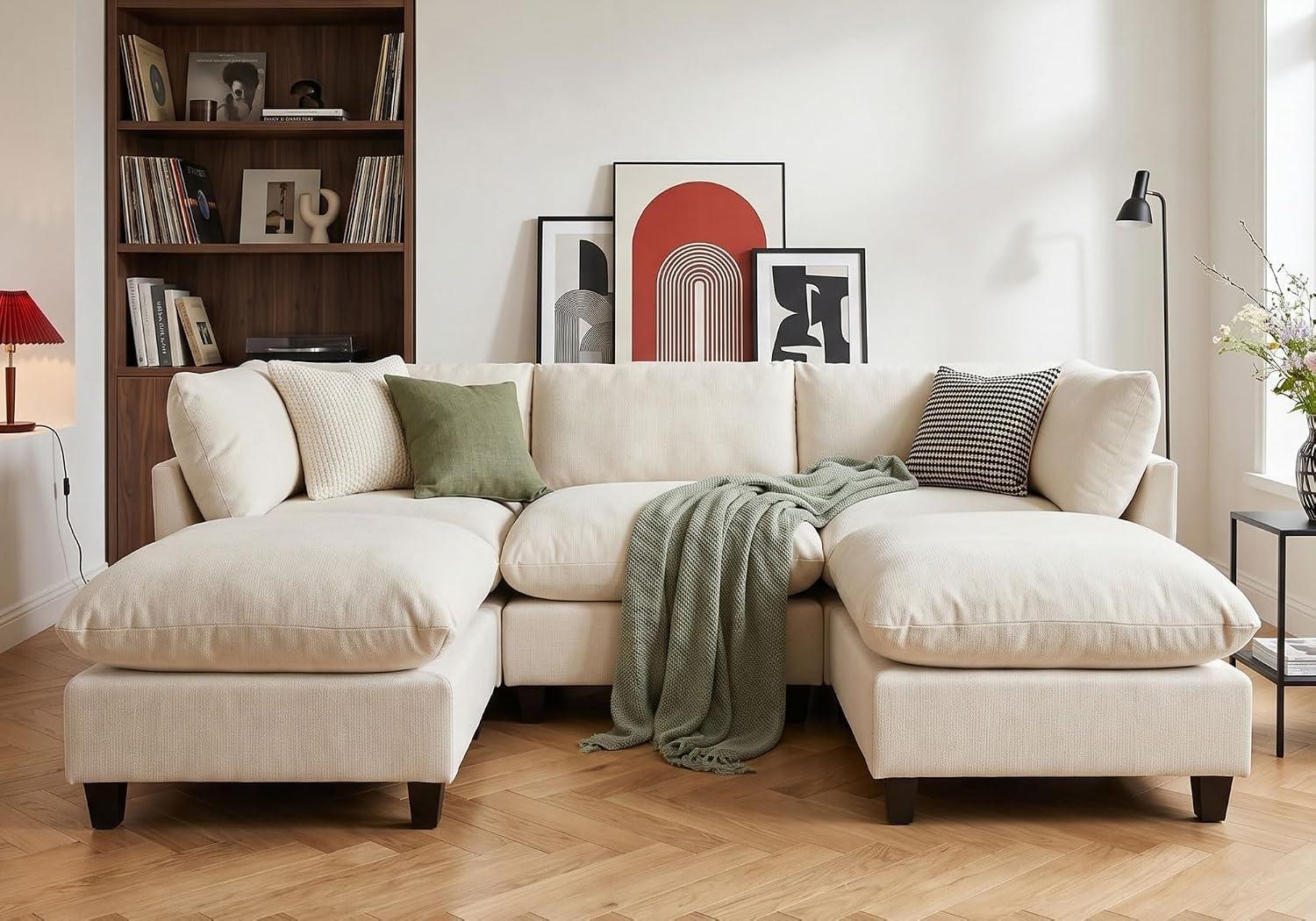 Iroomy Oversized Chenille Cloud Sectional with Two Ottomans, Beige