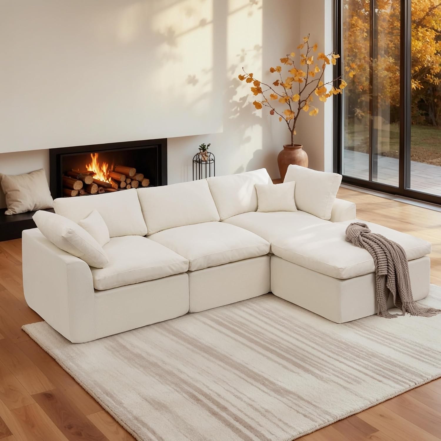 Korser 110" Cloud Sectional with Ottoman, Beige Chenille