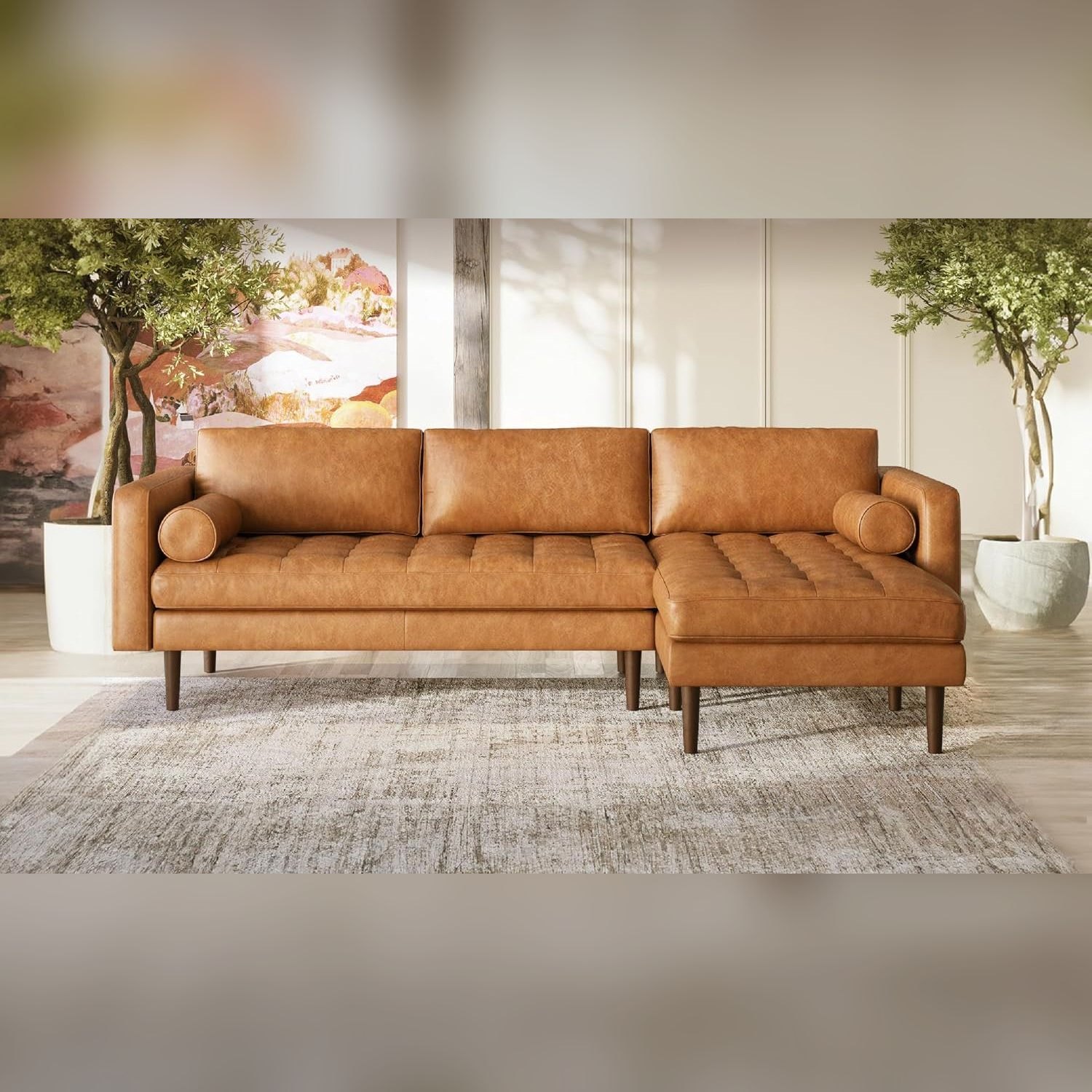 Poly & Bark Napa full-grain cognac leather chaise sectional in a bright living room