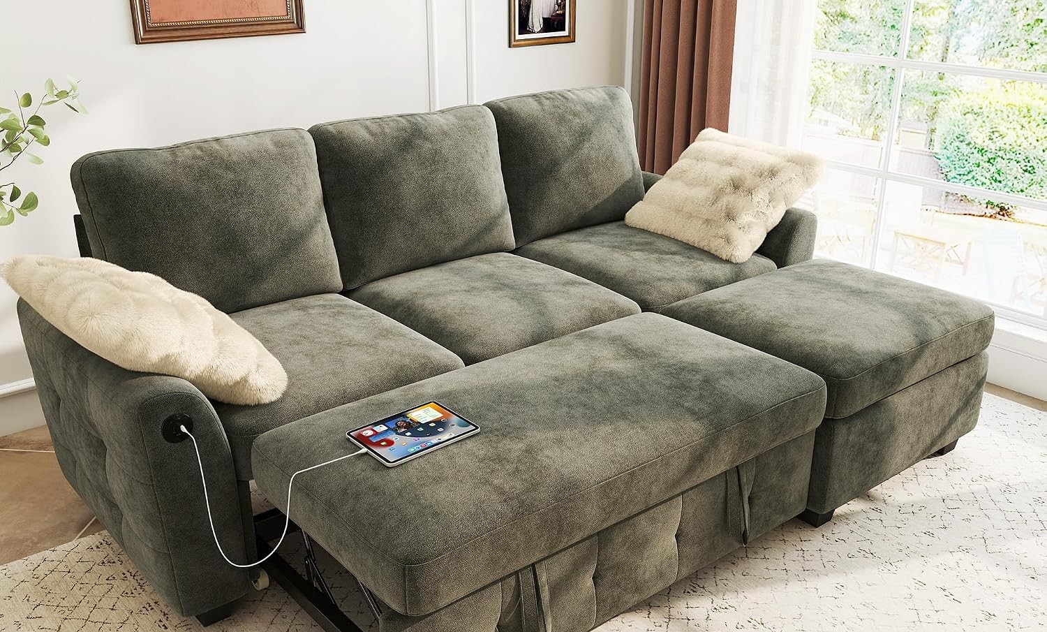 Ihanherry Modular Convertible Sectional Sofa Bed with Storage Ottoman, Gray Chenille